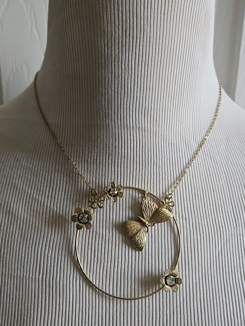 Gold Butterfly & Flower Circle Necklace - Gold Tone